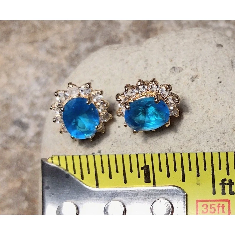 18K GP Gold Plated CZ Blue Earrings
